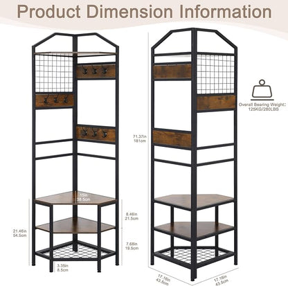 Heavy Duty Corner Hall Tree Organizer, 3-in-1 Industrial Freestanding Coat Storage Rack with Hooks and 4 Wooden Shelves for Entryway, Black