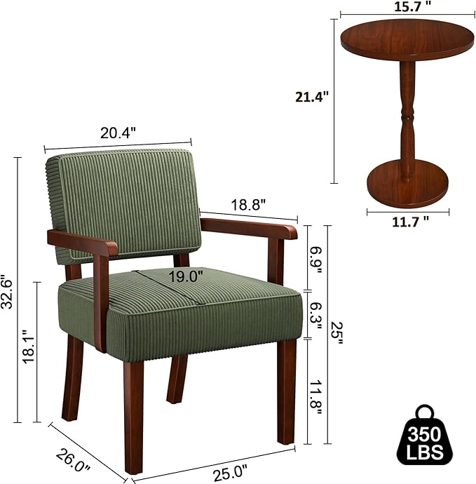FAGAGA Corduroy Accent Chair Set of 2 with Table, Mid Century Modern Armchairs with Solid Wood Frame, Oversized Reading Leisure Chair for Living Room, Bedroom (Corduroy Green, Set of 2 with Table)