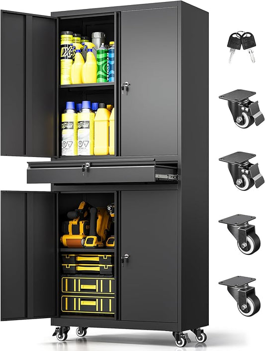 Metal Garage Storage Cabinet with 4 Wheels,Lockable Storage Cabinet with Adjustable Shelves and 1 Drawer,Rolling Tool Cabinet for Workshop Garage and School(Black)