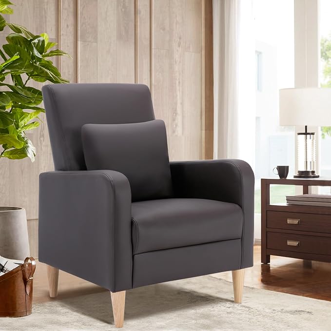 COLAMY Mid-Century Modern Accent Chair, Faux Leather Upholstered Living Room Chair with Back Pillow & Solid Wood Legs, Comfy Armchair for Living Room, Bedroom, Single Sofa, Dark Brown