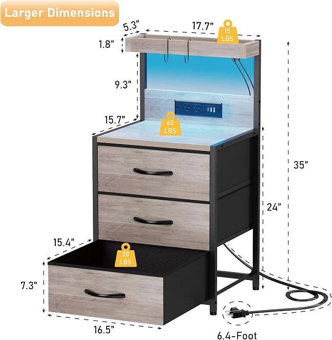 SZLHANJZ Night Stand Set 2 with LED Lights for Bedroom, Bedside Nightstands with Power Outlet and Type C Port, Matching Tables with 3 Fabric Drawers, Hooks, and Shelves, Greige