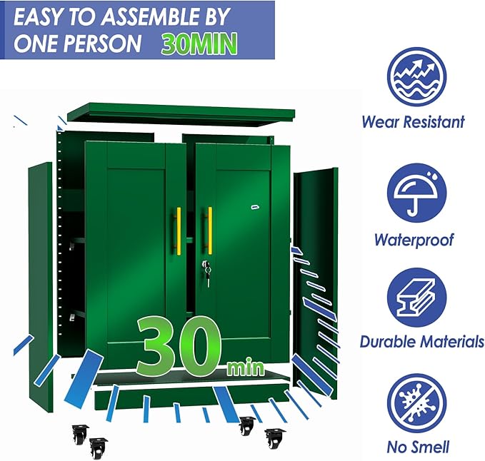 35.4" Metal Garage Storage Cabinet with Wheels and Locking Doors | Tall Rolling Steel Tool Cabinet with 2 Adjustable Shelves for Garage,Home,Office,Shop (Green, 35.4''H x 27.6''W x13.8''D)