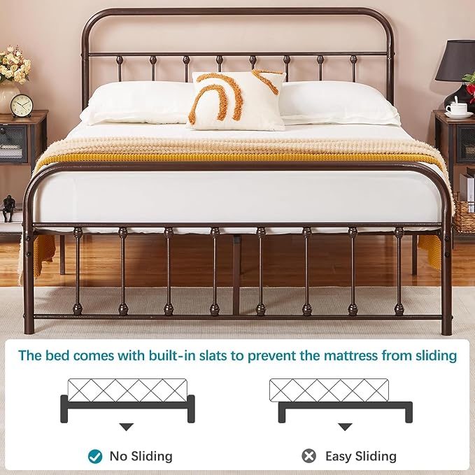 VECELO Purple Bronze Victorian Style Metal Bed Frame with Headboard/Mattress Foundation/No Box Spring Needed/Under Bed Storage and Strong Slat Support Queen Size