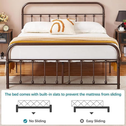 VECELO Purple Bronze Victorian Style Metal Bed Frame with Headboard/Mattress Foundation/No Box Spring Needed/Under Bed Storage and Strong Slat Support Queen Size