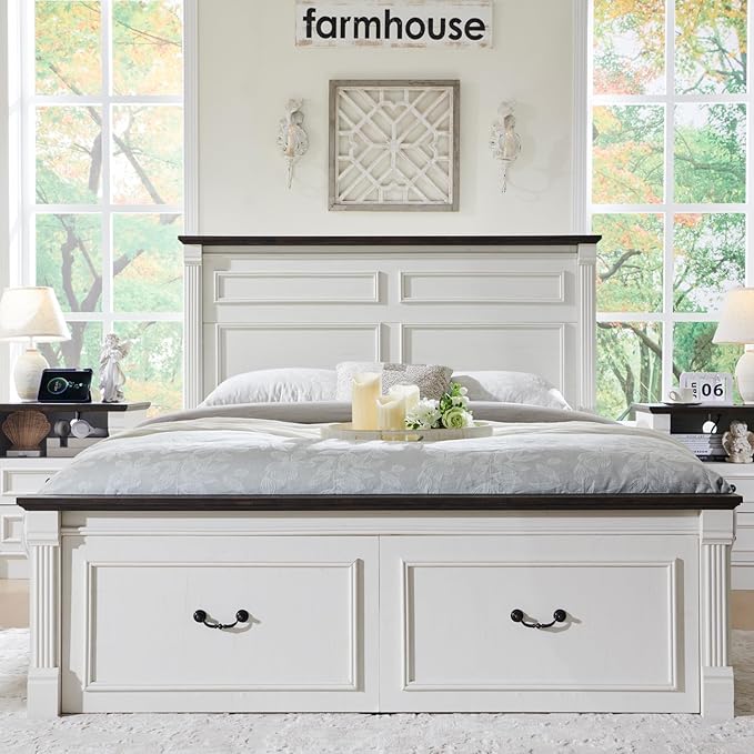Aitjunz Farmhouse Queen Size Bed Frame with 51" Tall Headboard, Wood Platform Bed Frame with 20" Tall Roman Column Decoration Footboard & 2 Large Storage Drawers, No Box Spring Needed (White)