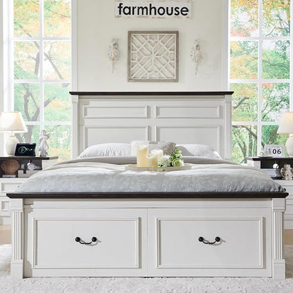 Aitjunz Farmhouse Queen Size Bed Frame with 51" Tall Headboard, Wood Platform Bed Frame with 20" Tall Roman Column Decoration Footboard & 2 Large Storage Drawers, No Box Spring Needed (White)
