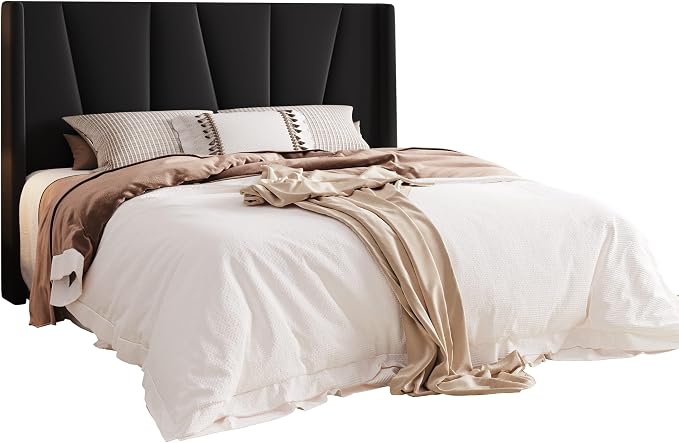 Allewie Queen Size Platform Velvet Bed Frame with Geometric Wingback Headboard, Boho Upholstered Bed with Wooden Slats Support, No Box Spring Needed, Easy Assembly, Black