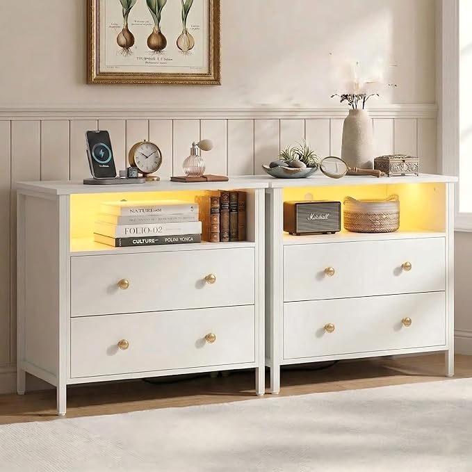 27" LED Nightstand Set 2 with Charging Station, 2 Drawers, White | Solid Wood and Steel Frame, 2 AC Outlets, 2 USB Ports, RGB App Control, Open Storage, Adjustable Feet, for Bedroom or Office