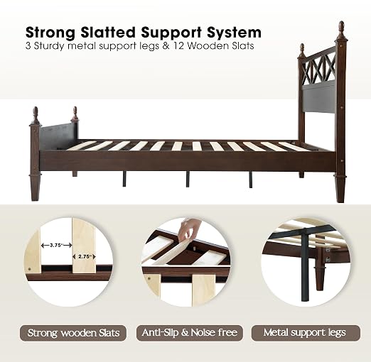 King Size Solid Wood Platform Bed Frame with Headboard & Footboard, 12 Durable Slatted Base with Metal Legs, Easy Assembly, Slip-Free & Anti-Noise, No Box Spring Needed, Dark Roast Oak Finish RIK-32
