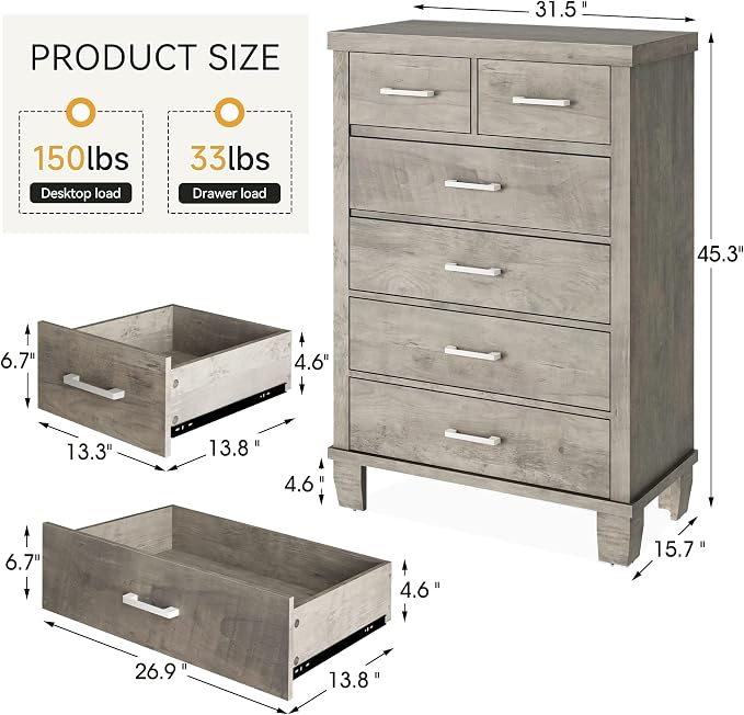 Garvee Dresser for Bedroom with 6 Drawers, 45 in Tall Grey Dressers & Chests of Drawers with Storage, Wooden Storage Organizer Dressers for Closet, Large Drawer Dresser for Living Room, Entryway
