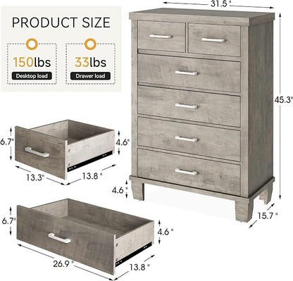 Garvee Dresser for Bedroom with 6 Drawers, 45 in Tall Grey Dressers & Chests of Drawers with Storage, Wooden Storage Organizer Dressers for Closet, Large Drawer Dresser for Living Room, Entryway
