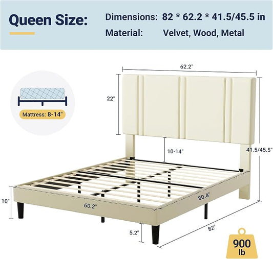 Allewie Queen Platform Bed Frame with Adjustable Headboard, Plush Velvet Upholstered, Vertical Channel Tufted, Sturdy Wooden Slats, No Box Spring Needed, Easy Assembly, Cream