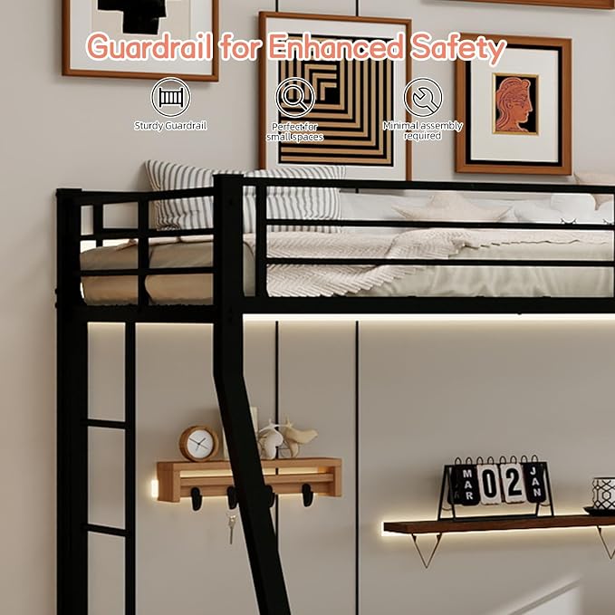 Metal Bunk Bed with Trundle, Space-Saving Bunk Bed Twin Over Full with Ladders and Safety Guardrail, Heavy Duty Twin Bed Frames, No Box Spring Needed and Noise Free(Black)