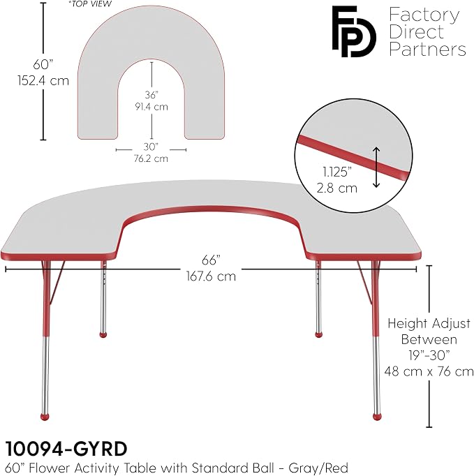 FDP Horseshoe Activity School and Office Table (60 x 66 inch), Standard Legs with Ball Glides for Collaborative Seating Environments, Adjustable Height 19-30 inches - Gray Top and Red Edge