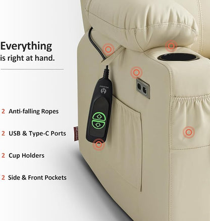 MCombo Large Power Lift Recliner Chair with Massage and Heat for Tall Elderly People, 3 Positions, Cup Holders, and USB Ports, Faux Leather 7516 (Large, Cream White)
