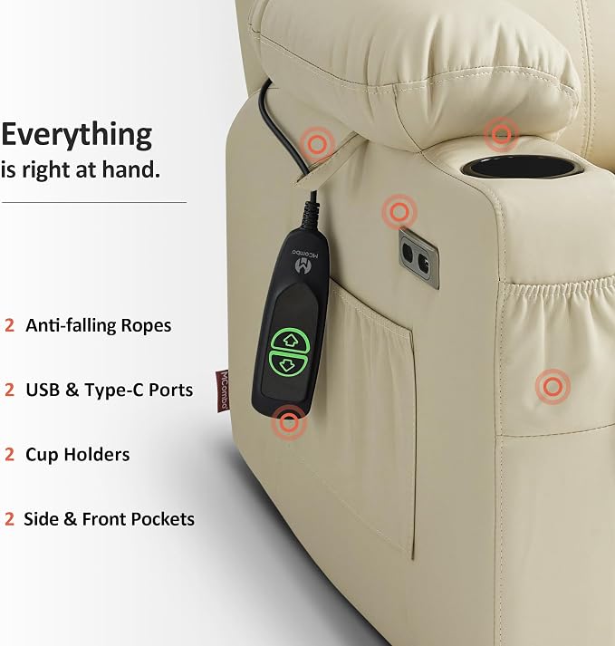 MCombo Power Lift Recliner Chair for Elderly, Lift Chair with Heat and Massage, FSC Certified, USB Ports, Cup Holders, Faux Leather 7141 (Cream White, Small)