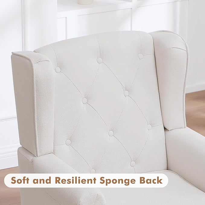 Accent Chair for Living Room, Mid Century Modern Upholstered Armchair, Wingback Chair with Tufted High Back and Solid Legs, Comfy Side Chairs Single Sofa for Bedroom, Beige