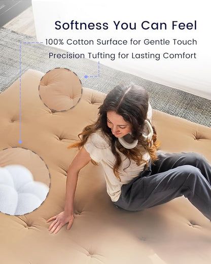 ZonLi Japanese Floor Futon Mattress Queen Size 80"x 60", 100% Cotton Cover 2.5'' Thicken Tatami Mattress, Foldable Sleeping Pad, Portable Dormitory Tatami Mat(Khaki)