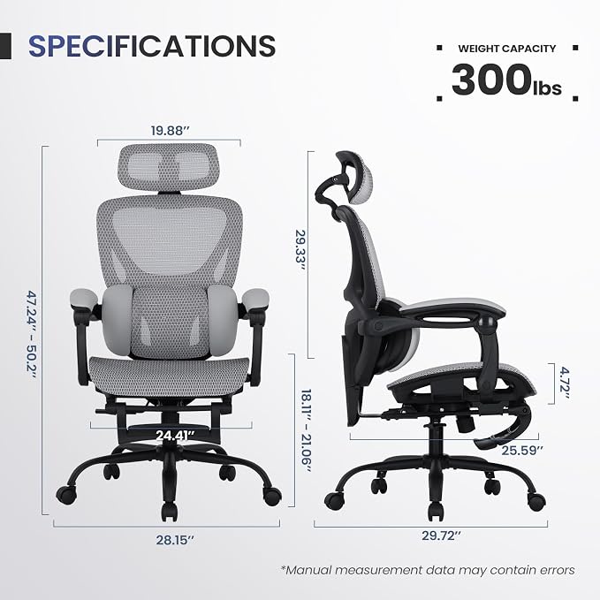 MALOL Ergonomic Mesh Office Chair with Footrest, Executive High Back Computer Desk Chair with 3D Adjustable Headrest & 5-Level Lumbar Support, Reclining Tilt Lock, 3D Arms, 300LBS Capacity, White