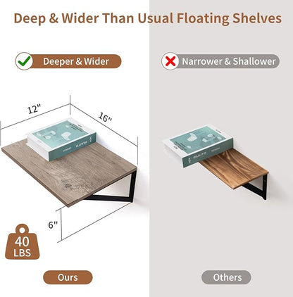 Axeman Deep Floating Shelves for Wall, 12 Inch Deep Floating Shelves Set of 2, 16W x 12D Rustic Grey Wood Large Wall Mounted Shelves for Living Room Kitchen Bathroom Bedroom - Grey