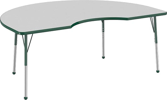 FDP Kidney Activity School and Office Table (48 x 72 inch), Standard Legs with Ball Glides for Collaborative Seating Environments, Adjustable Height 19-30 inches - Gray Top and Green Edge