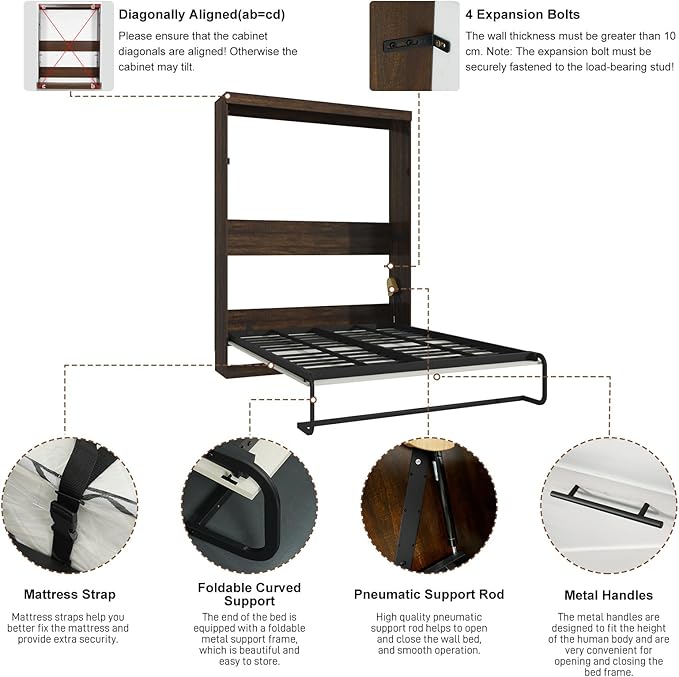 Hlivelood Full Size Murphy Bed with 2 LED Lights, Farmhouse Wood Hidden Foldable Wall Bed Frame w/Gas Struts, Storage Bed Cabinet for Bedroom, Office, Space-Saving, No Box Spring Needed, Rustic White