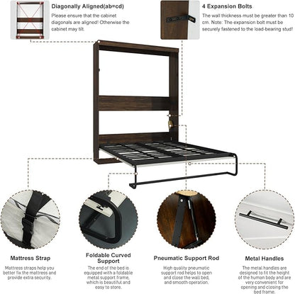 Hlivelood Full Size Murphy Bed with 2 LED Lights, Farmhouse Wood Hidden Foldable Wall Bed Frame w/Gas Struts, Storage Bed Cabinet for Bedroom, Office, Space-Saving, No Box Spring Needed, Rustic White