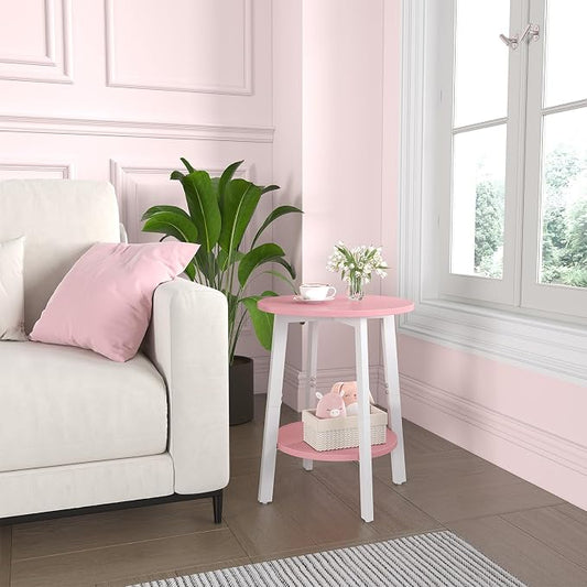 sthmec Side Table, Small Round End Table with Storage Shelf for Small Space, 2-Tier Bedside Table Sofa Couch Table, Round Accent Table Nighstands for Living Room, Bedroom, Pink