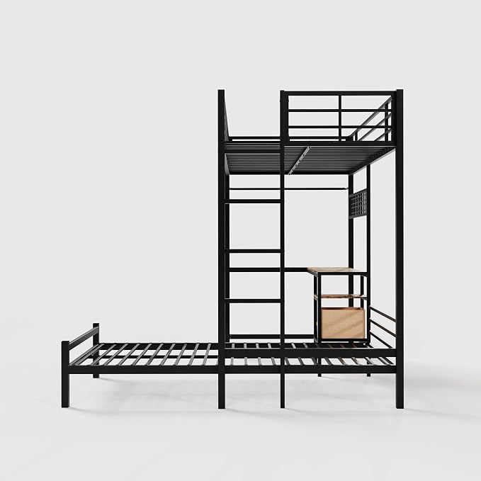 Bellemave Twin Over Twin bunk Bed with Desk and LED Charging Station, loft Bed with Desk and Shelves, Metal Bunk Beds with Storage, Black