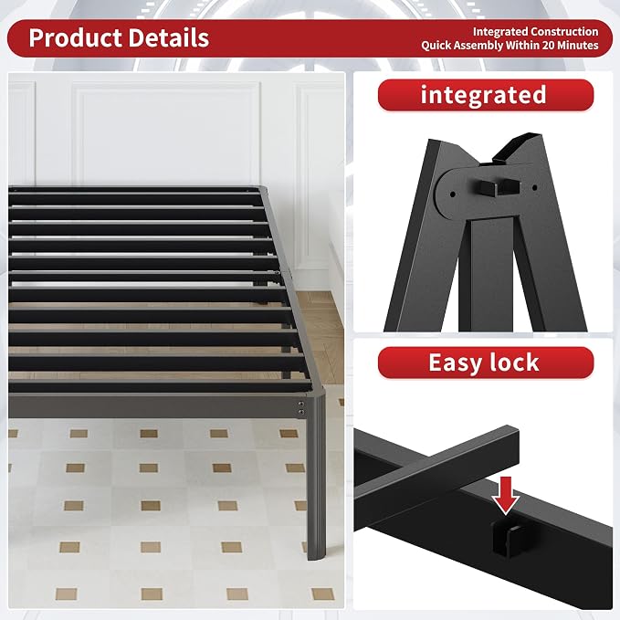Yicensen 14 Inch Full XL Bed Frame No Box Spring Needed Heavy Duty Metal Full XL Platform Bed Frame with Rounded Corner Legs, Easy Assembly, Noise Free, Black