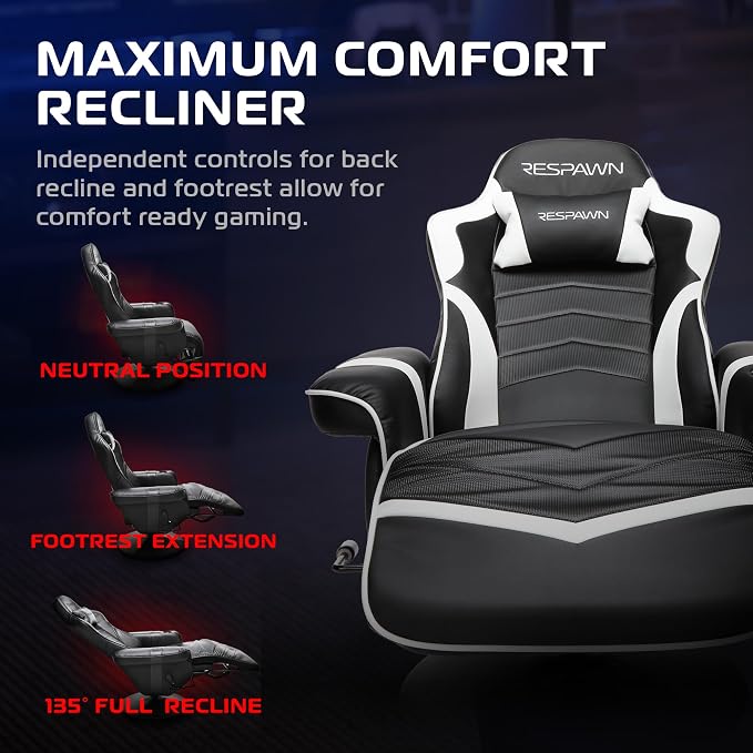 RESPAWN 900 Console Gaming Recliner with Footrest and Lumbar Support - Comfortable Ergonomic Gaming Chair with Headrest, No Wheels, Reclining, Heavy Duty, Racing Style Video Game Chairs - White
