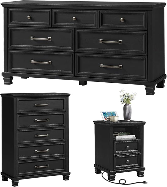 SAVOR LIFE Farmhouse Bedroom Dresser and Nightstand Set 3, 5/7 Drawer Dresser & 2 Drawer Nightstand Set, Rustic Wood Bedroom Furniture Set 3 for Home, Hallway, Black