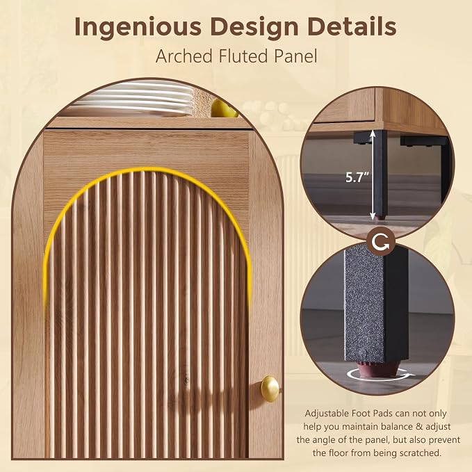 IFGET Modern Buffet Cabinet with Storage, 92.63" W Fluted Arched Sideboard Cabinet w/Adjustable Shelves, Wooden Modular Coffee Bar for Dining Room, Kitchen, Living Room, Entryway, Natural