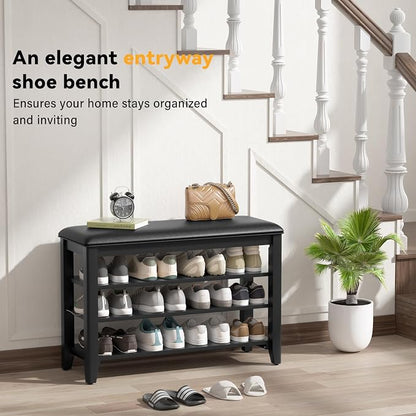 Entryway Shoe Storage Bench with Leather Cushion, Shoe Organizer Bench for Entryway, Ideal for Hallways Front Doors Entrances Mudrooms Featuring Rubberwood And 3 Height-Adjustable & Removable Shelve