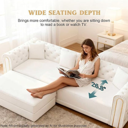 90.6'' Futon Sofa Bed, Chesterfield Velvet Sleeper Sofa, Convertible Floor L-Shaped Couch, Tufted Back, 4 Pillows, Gold Edge Trim, Deep Loveseat Couches for Living Room, Apartment, Gold Beige