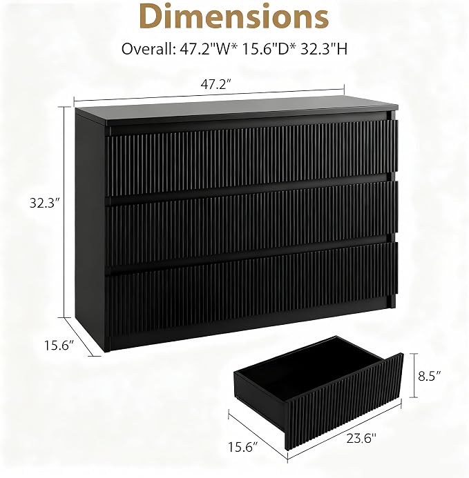 Jocoevol 6 Drawer Fluted Dresser, Modern Chest of Drawers for Bedroom with Hidden Handles, Wood Storage Organizer Cabinet for Living Room & Entryway, Black (15.7" D x 47.3" W x 31.6" H)