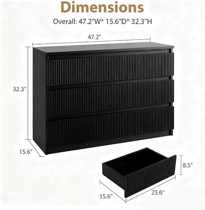 Jocoevol 6 Drawer Fluted Dresser, Modern Chest of Drawers for Bedroom with Hidden Handles, Wood Storage Organizer Cabinet for Living Room & Entryway, Black (15.7" D x 47.3" W x 31.6" H)