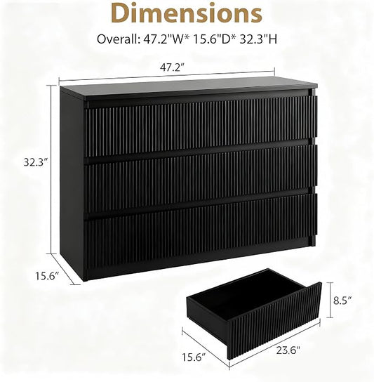 Jocoevol 6 Drawer Fluted Dresser, Modern Chest of Drawers for Bedroom with Hidden Handles, Wood Storage Organizer Cabinet for Living Room & Entryway, Black (15.7" D x 47.3" W x 31.6" H)