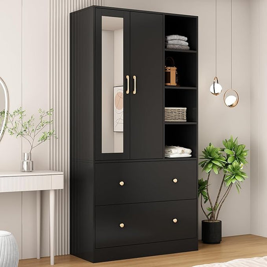 Wardrobe Armoire Closet with Mirror, 2 Door Wardrobe Cabinet with 2 Drawers & Extendable Hanging Rod, Bedroom Armoire Cabinet Clothes Organizer, Type A Black (35.5" W x 15.8" D x 70.8" H)