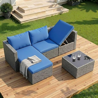 Shintenchi 4 Pieces Patio Furniture Set, 2-in-1 Convertible Sectional Sofa & Chaise Lounge, All-Weather Wicker Rattan Sofa Couch with Cushions & Coffee Table for Yard, Garden, Porch, Poolside (Blue)