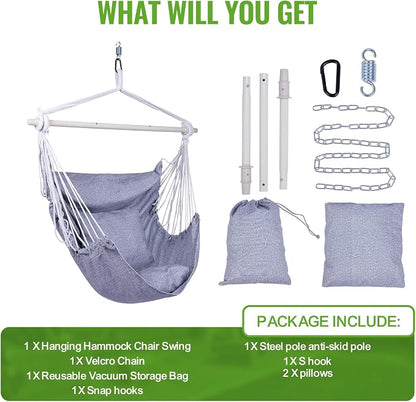 Backyard Expressions Hanging Hammock Chair Swing with Cushions & Hanging Kit – 500 lb Capacity, Cotton Blend Fabric, for Indoor/Outdoor Use – Includes Chain, Hooks & Spring – 5 Colors (Charcoal)