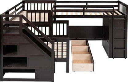 L-Shaped Bunk Bed for 4 Kids, Twin-Twin Over Full with 3 Drawers, Portable Desk and Wardrobe, Solid Wood Bedframe with Stairs and Full-Length Guardrails, No Box Spring Needed (Espresso)