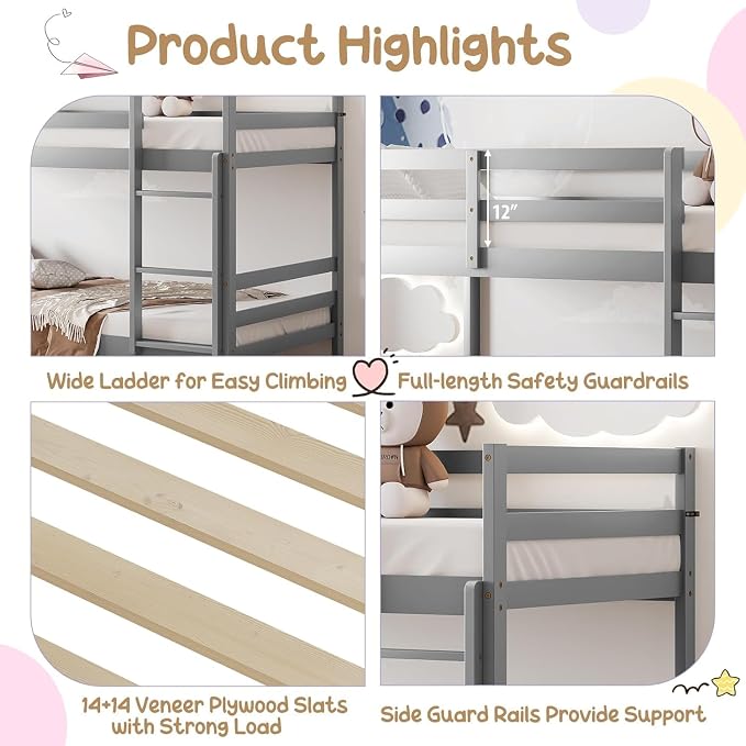 NAFORT Bunk Bed Twin Over Twin, Solid Wood Bunk Bed with Ladder and Safety Rails, Wooden Bed Frame for Kids Teens or Guests, Space-Saving Furniture for Bedroom Dorm, Gray