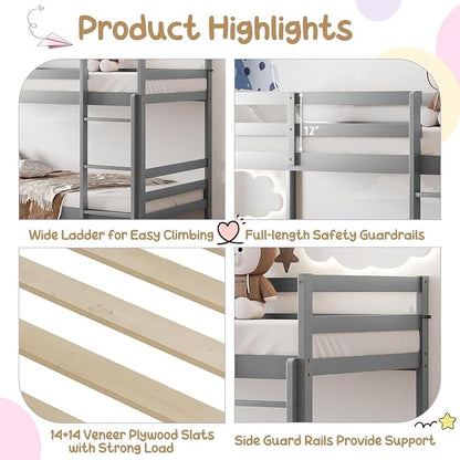 NAFORT Bunk Bed Twin Over Twin, Solid Wood Bunk Bed with Ladder and Safety Rails, Wooden Bed Frame for Kids Teens or Guests, Space-Saving Furniture for Bedroom Dorm, Gray
