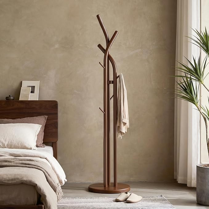 Solid Wood Coat Rack Freestanding Wood Coat Tree Rack with 9 Hooks, Creative Tree-Shaped Design, Standing Coat Rack Clothes Hanger Stand with Sturdy Base for Entryway, Bedroom - Load 300lb (Walnut)