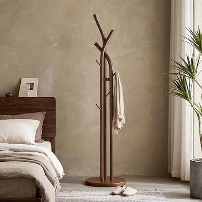 Solid Wood Coat Rack Freestanding Wood Coat Tree Rack with 9 Hooks, Creative Tree-Shaped Design, Standing Coat Rack Clothes Hanger Stand with Sturdy Base for Entryway, Bedroom - Load 300lb (Walnut)