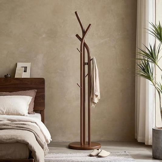 Solid Wood Coat Rack Freestanding Wood Coat Tree Rack with 9 Hooks, Creative Tree-Shaped Design, Standing Coat Rack Clothes Hanger Stand with Sturdy Base for Entryway, Bedroom - Load 300lb (Walnut)