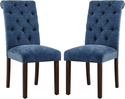 COLAMY Button Tufted Dining Chairs Set of 2, Parsons Upholstered Fabric Dining Room Chairs Kitchen Chairs with Wood Legs and Padded Seat, Blue