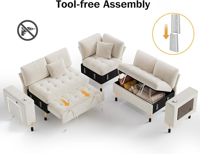Vipbear 86" Modular Sectional Sleeper Sofa with Pull Out Bed, 5 Seat Chenille L Shaped Couch with USB Ports|Cup Holders|Side Table|Storage Loveseat, Tool Free Assembly, Beige