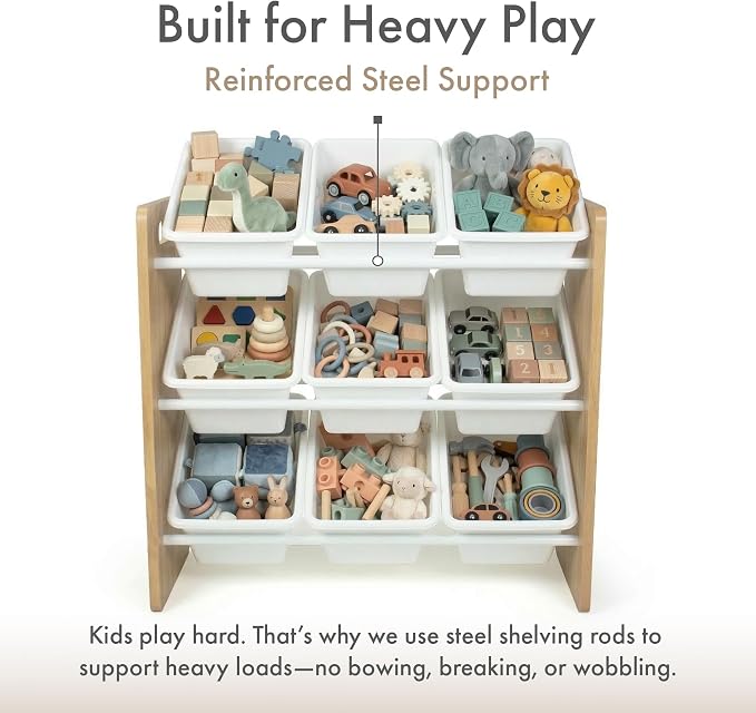 Humble Crew Toy Storage Organizer with 9 Removable Storage Bins for Kids Playroom, 3-Tier Toy Organization, Natural Wood/White